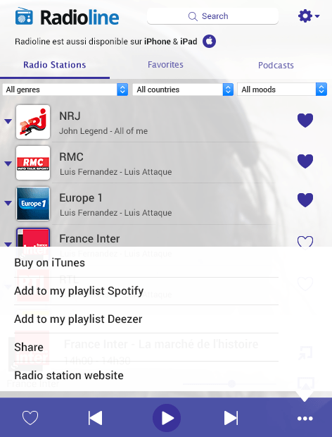 Radioline mac app update screen with 3 dots menu opened