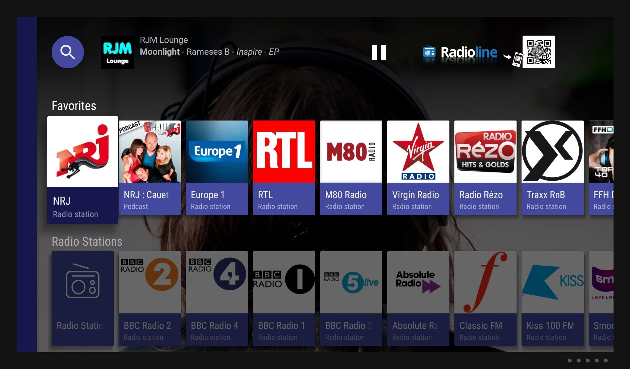 Radioline Android TV app home screen