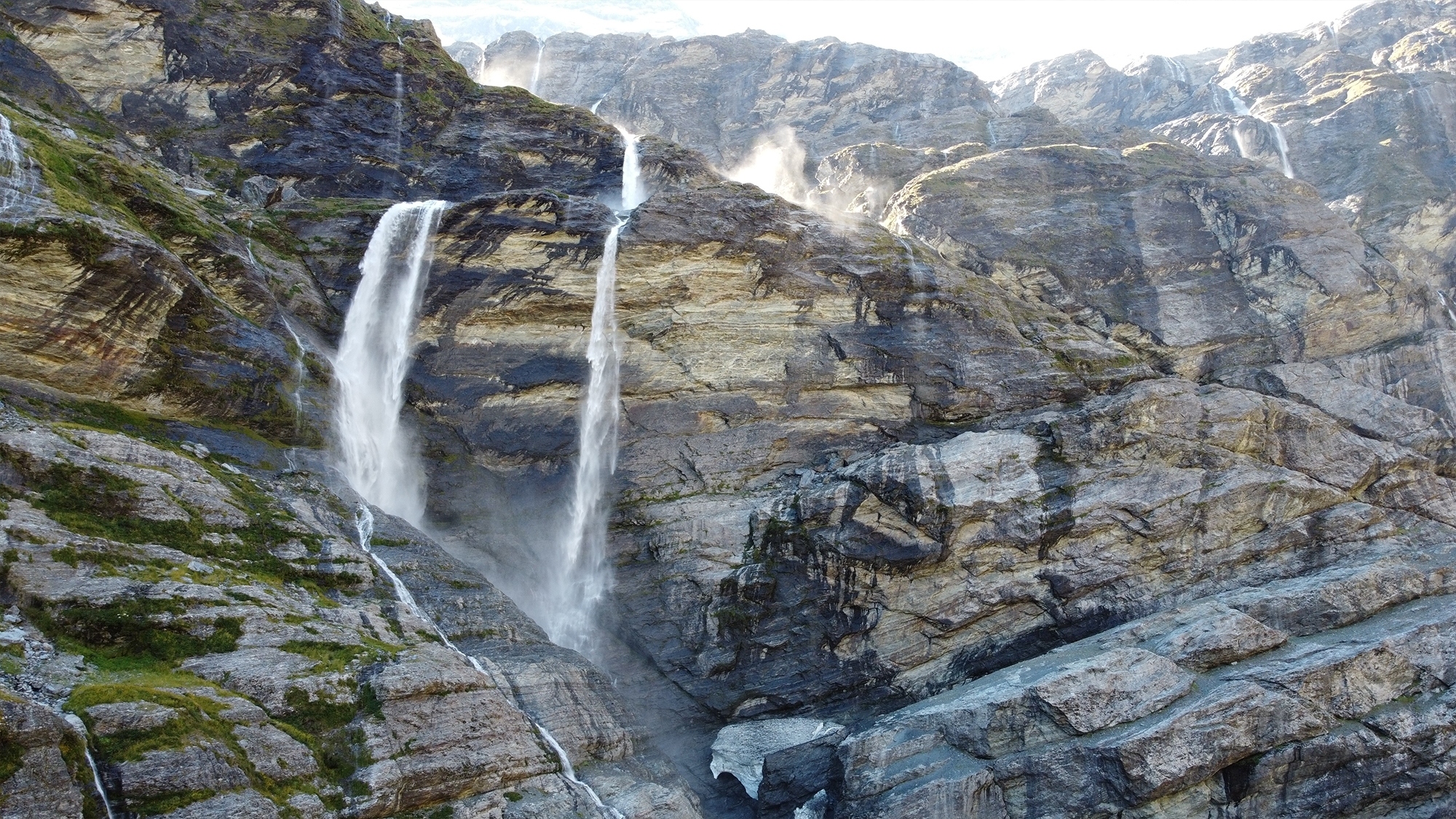Earnslaw glacier waterfalls drone photo from above
