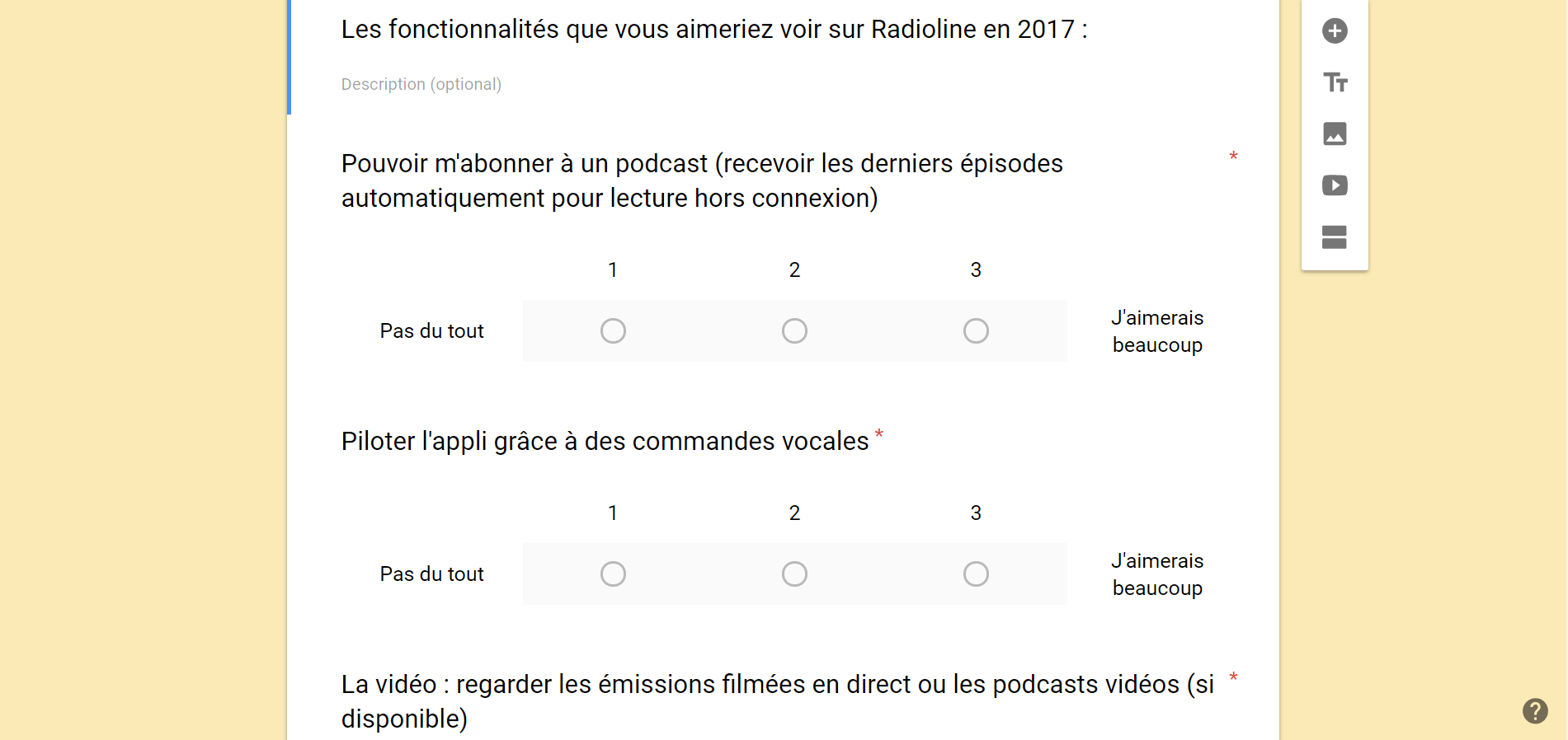 Radioline survey example from Google Forms: features appreciation
